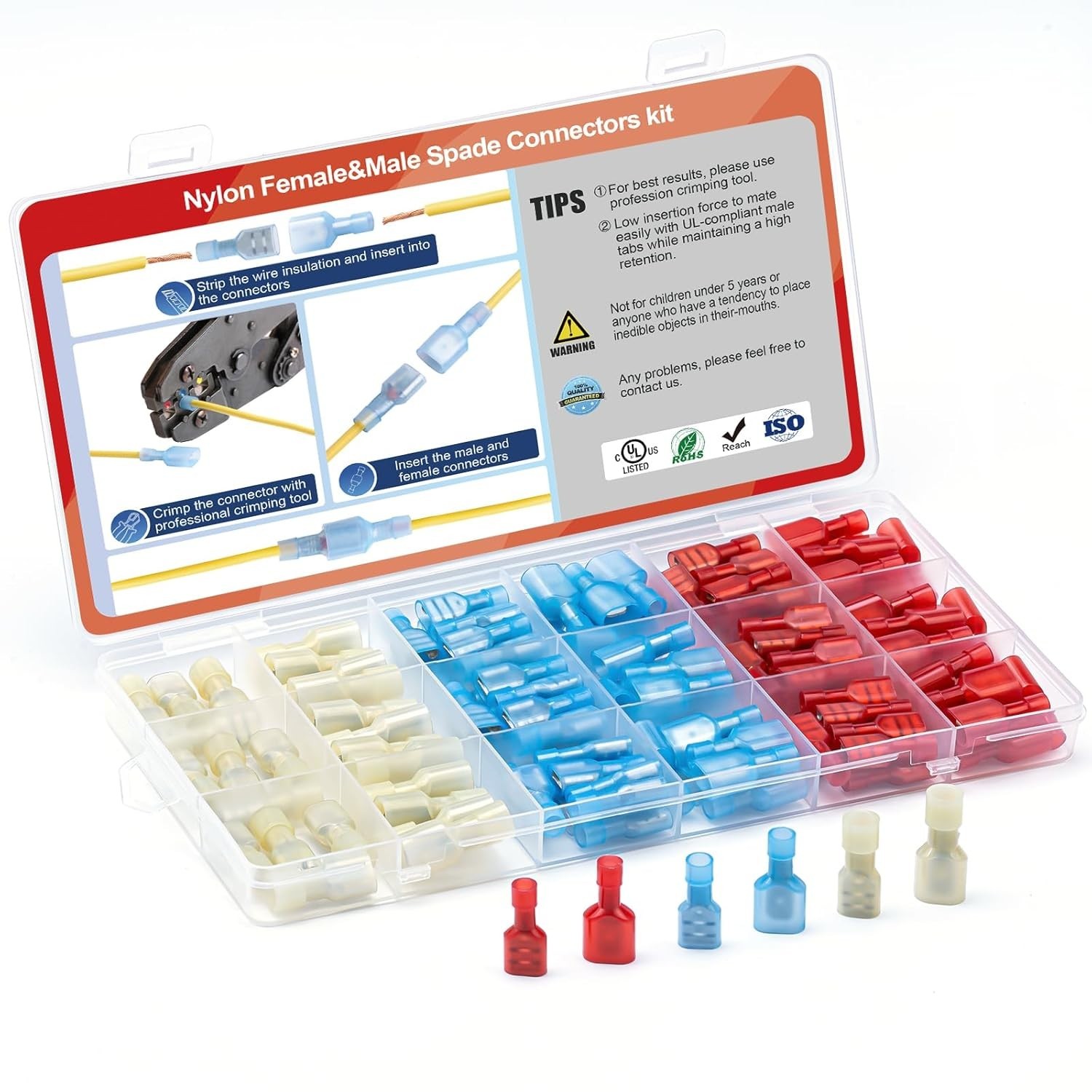 UL Listed Nylon Spade Quick Disconnect Connectors Kit, 22-10 Gauge Male and Fema