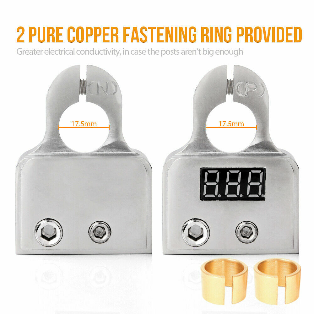 2X Digital Car Battery Terminal Clamp Connector, 12V LED Voltmeter 0/4/8AWG Post