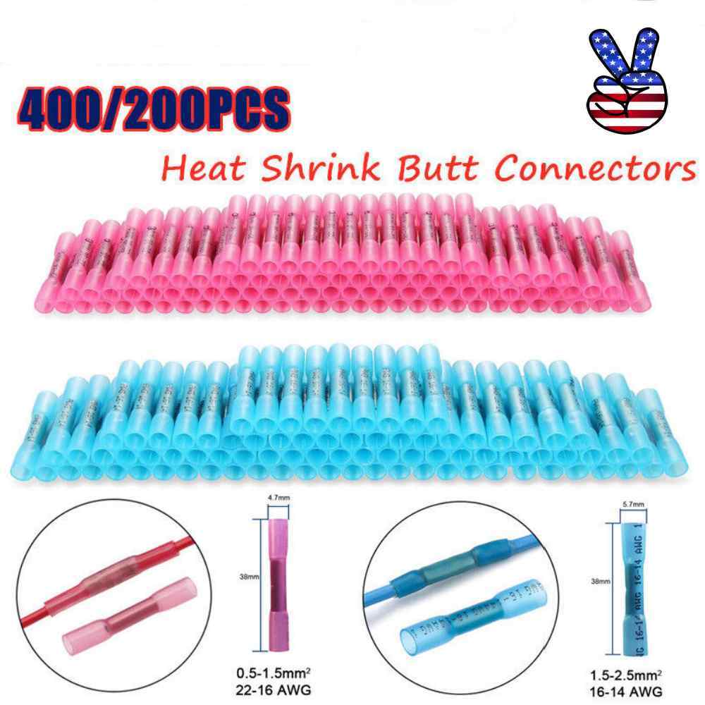 22-14 AWG Heat Shrink Butt Wire Splice Connectors Crimp Terminals 400/200pcs