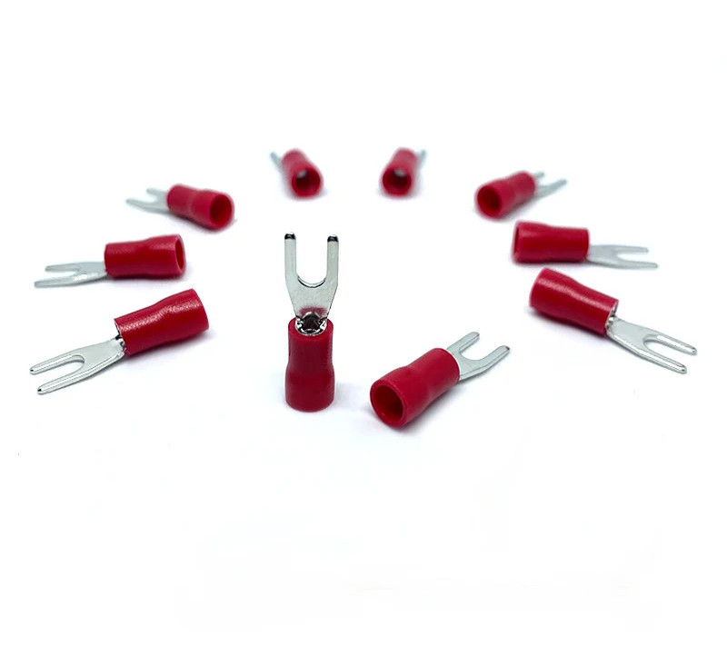 100pcs Wire Connector SV1.25-3 Red Copper U Shaped Fork PVC Insulated Electrical