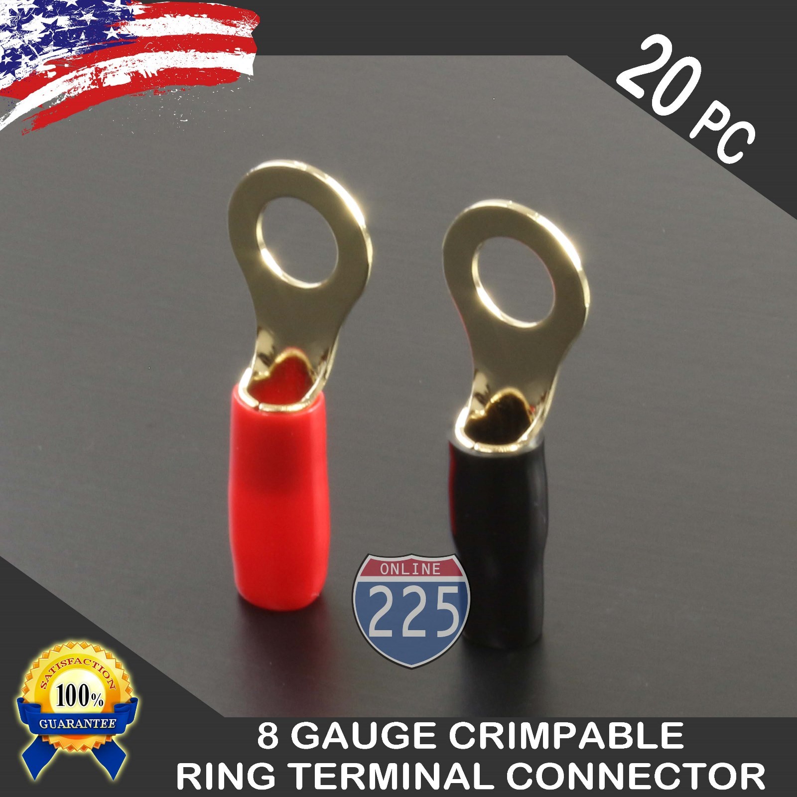 8GA Gauge SILVER Ring Terminal 20pc Wire Crimp Cable Red Black Boots 5/16″ Stud