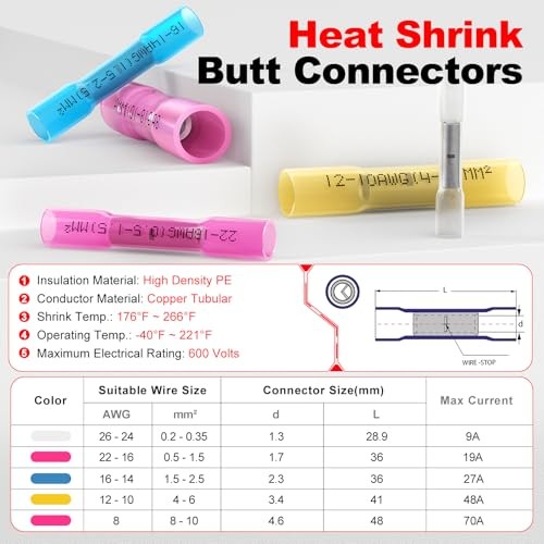 Heat Shrink Butt Connectors 22-16 AWG, 100 Pcs Waterproof 22-16AWG 100pcs
