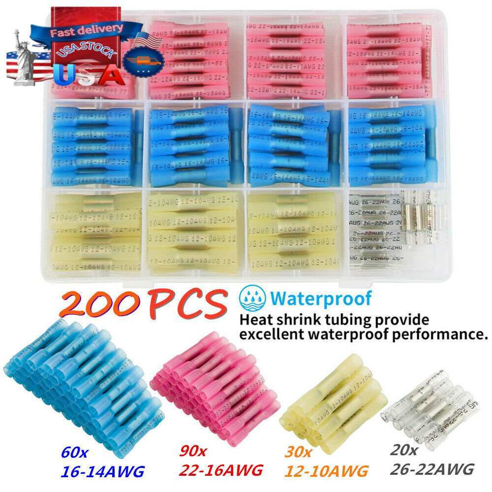 200PCS Heat Shrink Butt Wire Splice Connectors Crimp Terminals 26-10 AWG Set New