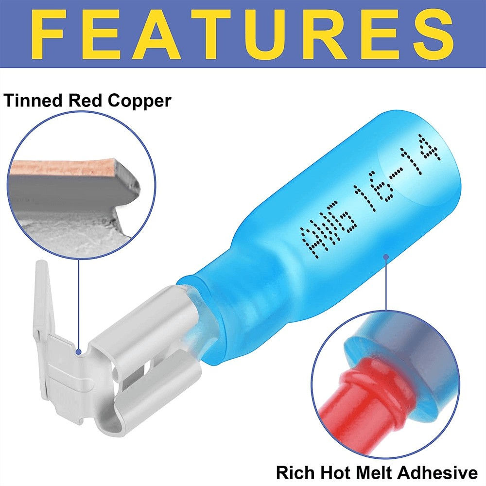 10-200pcs Blue 6.3mm (1/4″) Heat Shrink Piggy Back Spade Connector 16-14AWG Wire