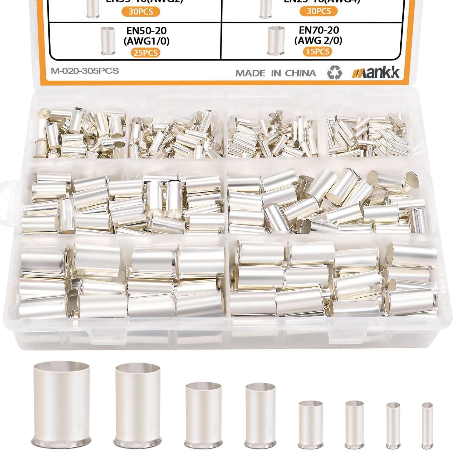 305 Pcs Wire Ferrules Kits Silver Plated Copper Crimp Terminal Connector 8 Si…