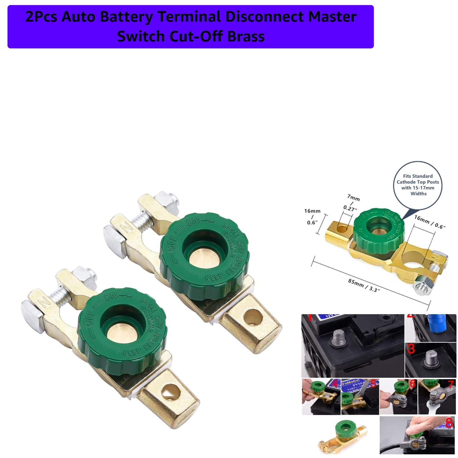 2Pcs Auto Battery Terminal Disconnect Master Switch Cut-Off Brass