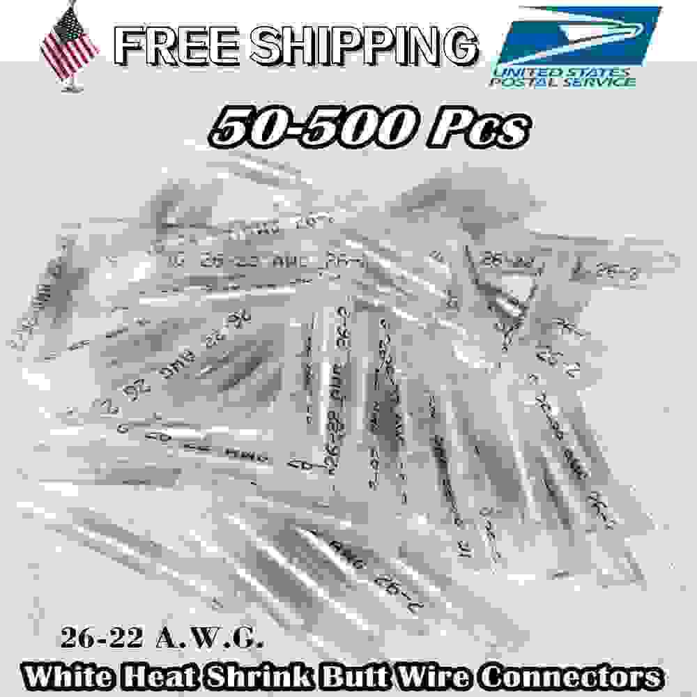 50-500 White Heat Shrink Butt Wire Connectors Waterproof Terminals AWG 26-22
