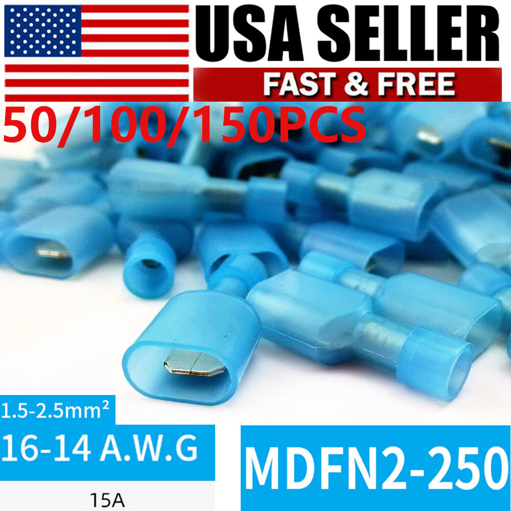 Male Spade Terminals Crimp Connectors Insulated 16-14 AWG Blue 50/100/150PCS