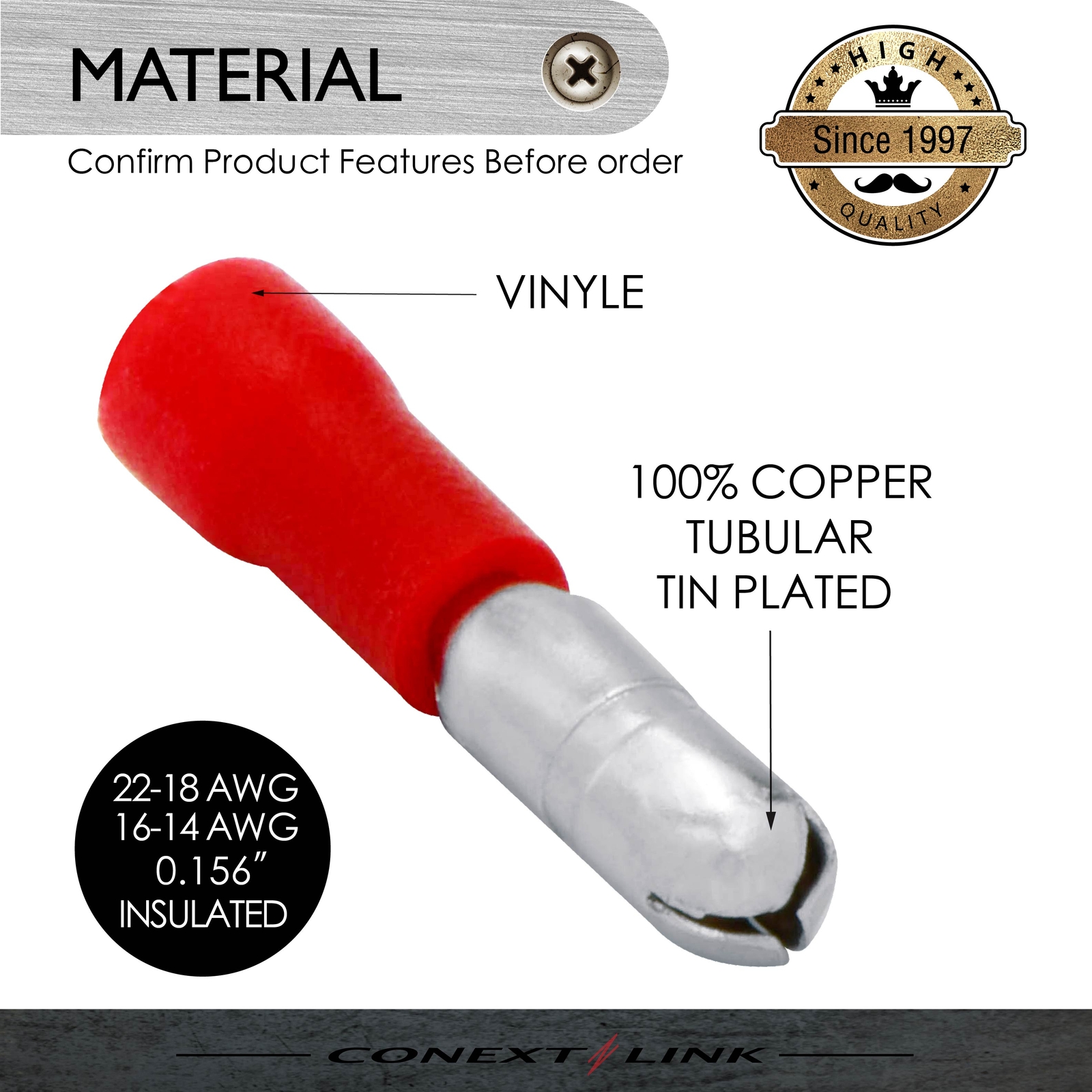 100 Vinyl Bullet Terminal Connector 22-18 16-14 GA AWG Gauge 0.156” Male Female