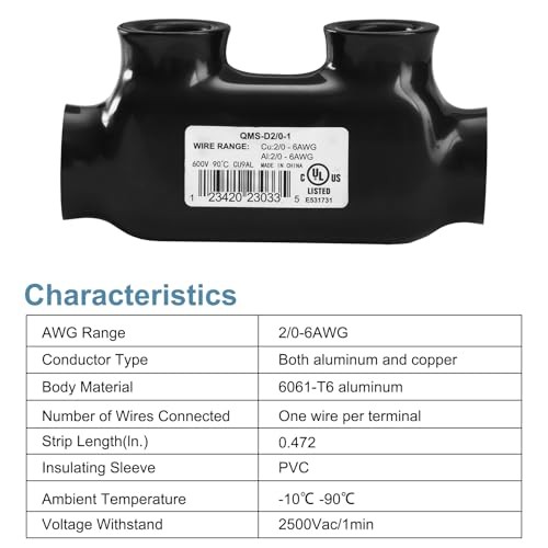 2 Pcs Insulated Multi-Tap Connectors, 2/0-6 AWG, 2 Port, Rated Up to 600V,