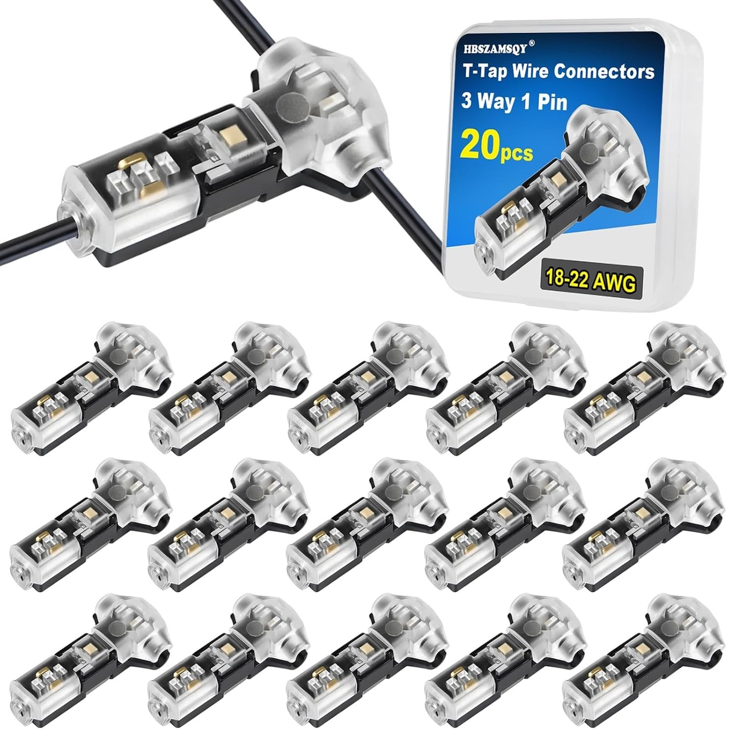 20Pcs T Tap Wire Splice Connectors, Low Voltage Wire Connectors 18-22 AWG | 3 Wa