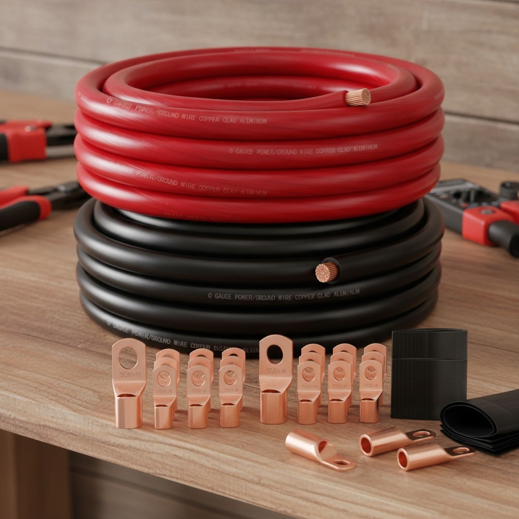 1/0 AWG Battery Cable Kit, 40 Ft, Red Black, CCA, 20 Pc Lugs, Heat Shrink Tube