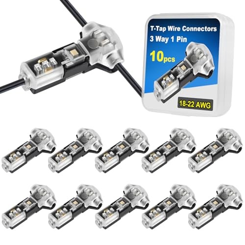 T Tap Wire Splice Connectors for 18-22 AWG Wires – 3 Way 1 Pin 10 Pack