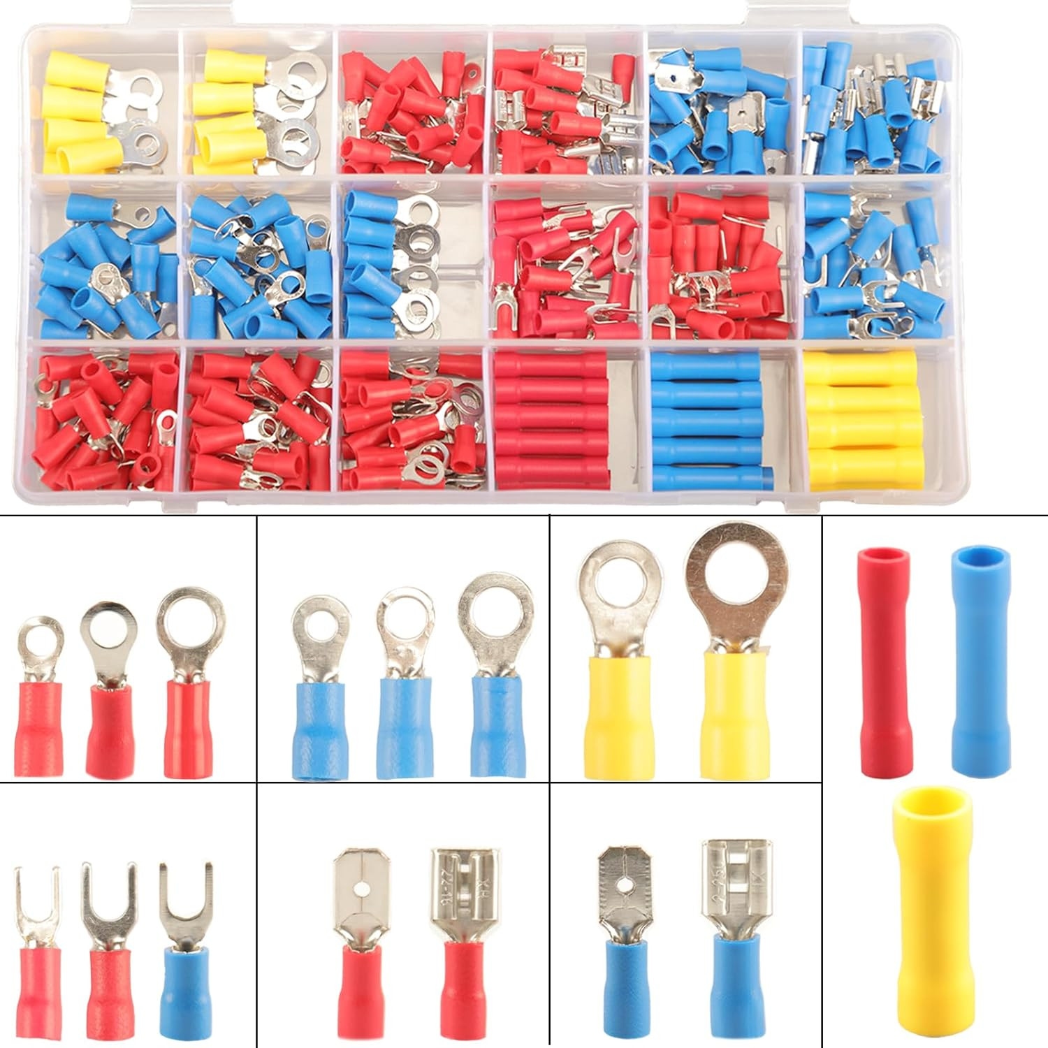 300Pcs 18 Types Crimp Connectors, Ring Spade Fork Butt Wire Connectors Kit, 6.3M
