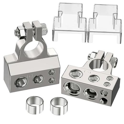 Battery Terminals, 0/4/8/10 Gauge AWG Positive Negative Battery Terminal Silver