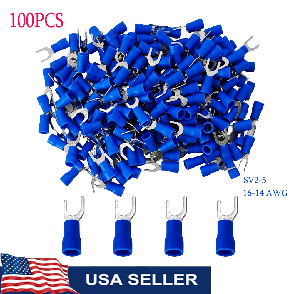 100PCS Spade Fork Terminal Connector Vinyl Blue 16-14 GA AWG #10 Stud Speaker