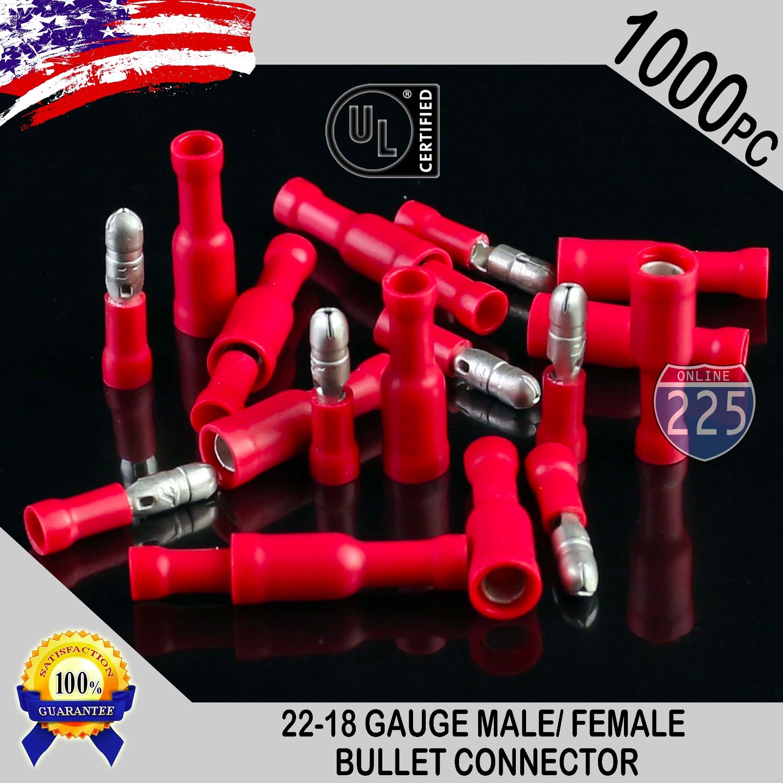 1000 Pack 22-18 AWG Red Male & Female Bullet Connectors Insulated Vinyl .156″ UL