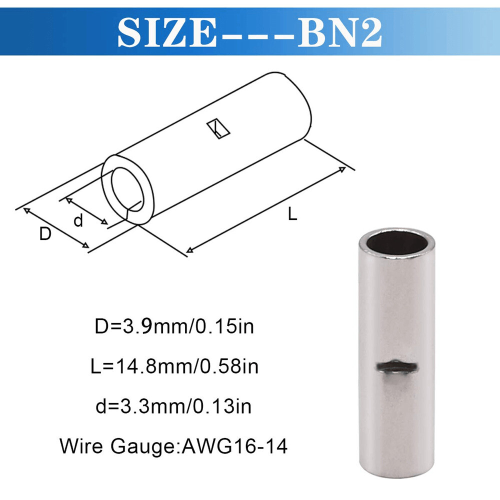 10-100Pcs 2-22 AWG Non-Insulated Copper butt Splice connectors terminal barrel