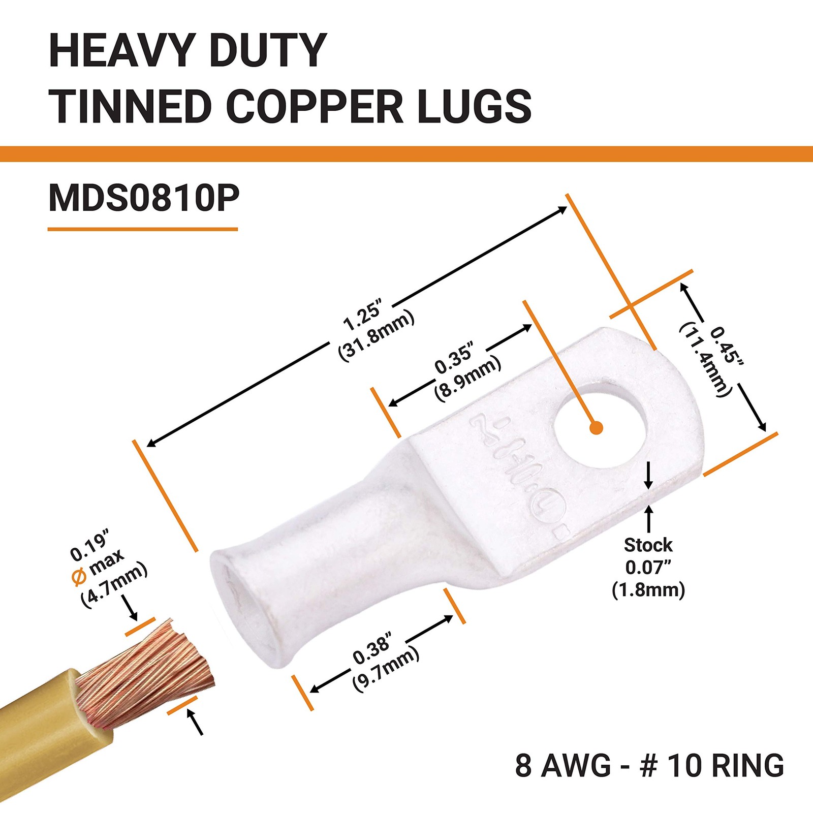 25pcs 8 AWG #10 Stud Marine Grade Tinned Copper Battery Cable Lugs, 8 Gauge R…