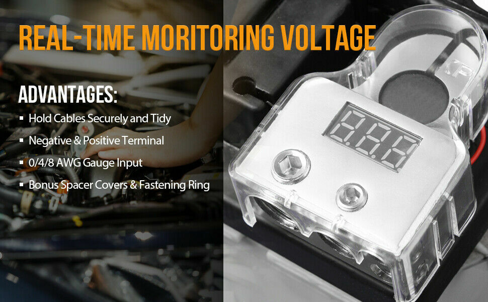 2X Digital Car Battery Terminal Clamp Connector, 12V LED Voltmeter 0/4/8AWG Post