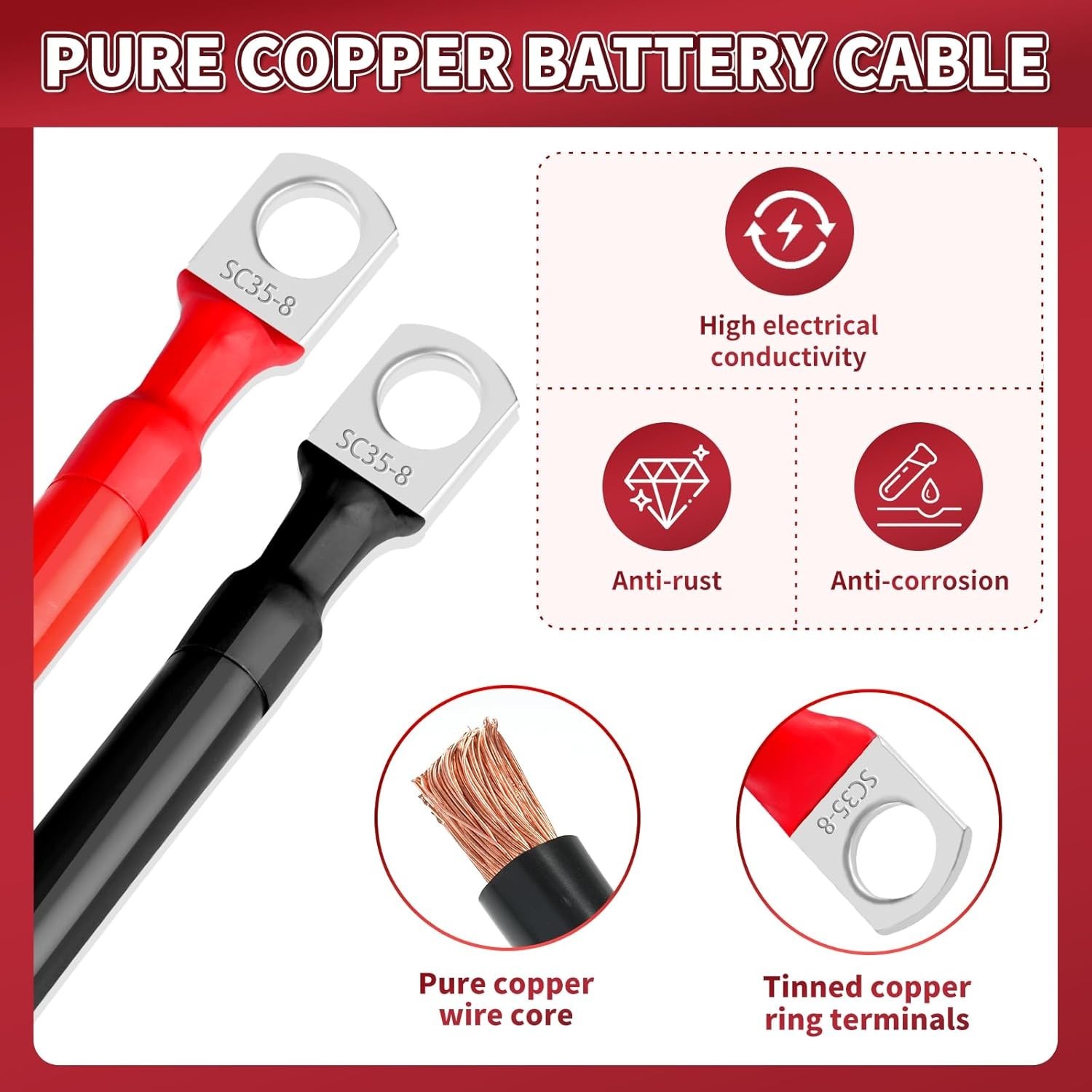 2 AWG Battery Cable 2 Pcs, 5.9 Inch Battery Cables with M8 Ring Terminals, Marin