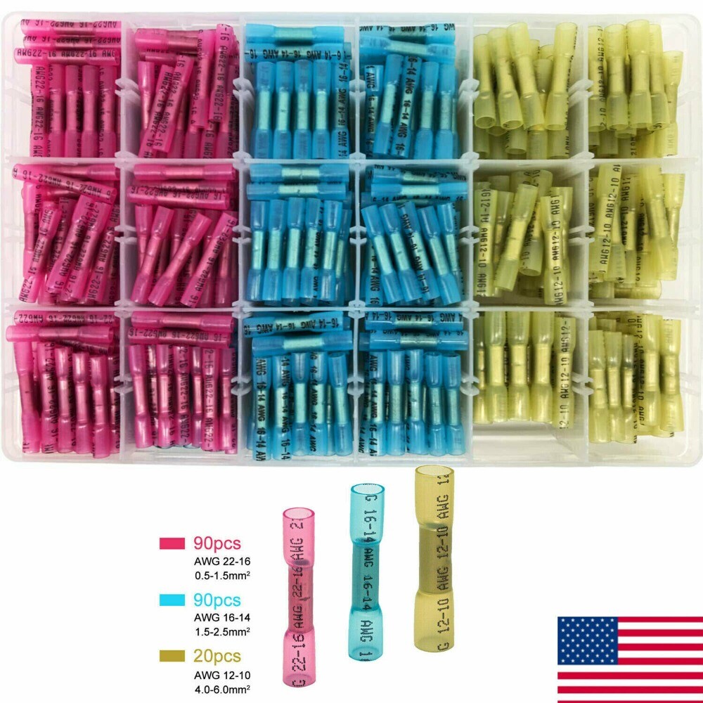 200PCS 22-10AWG Heat Shrink Butt Seal Terminals Electrical Wire Crimp Connectors