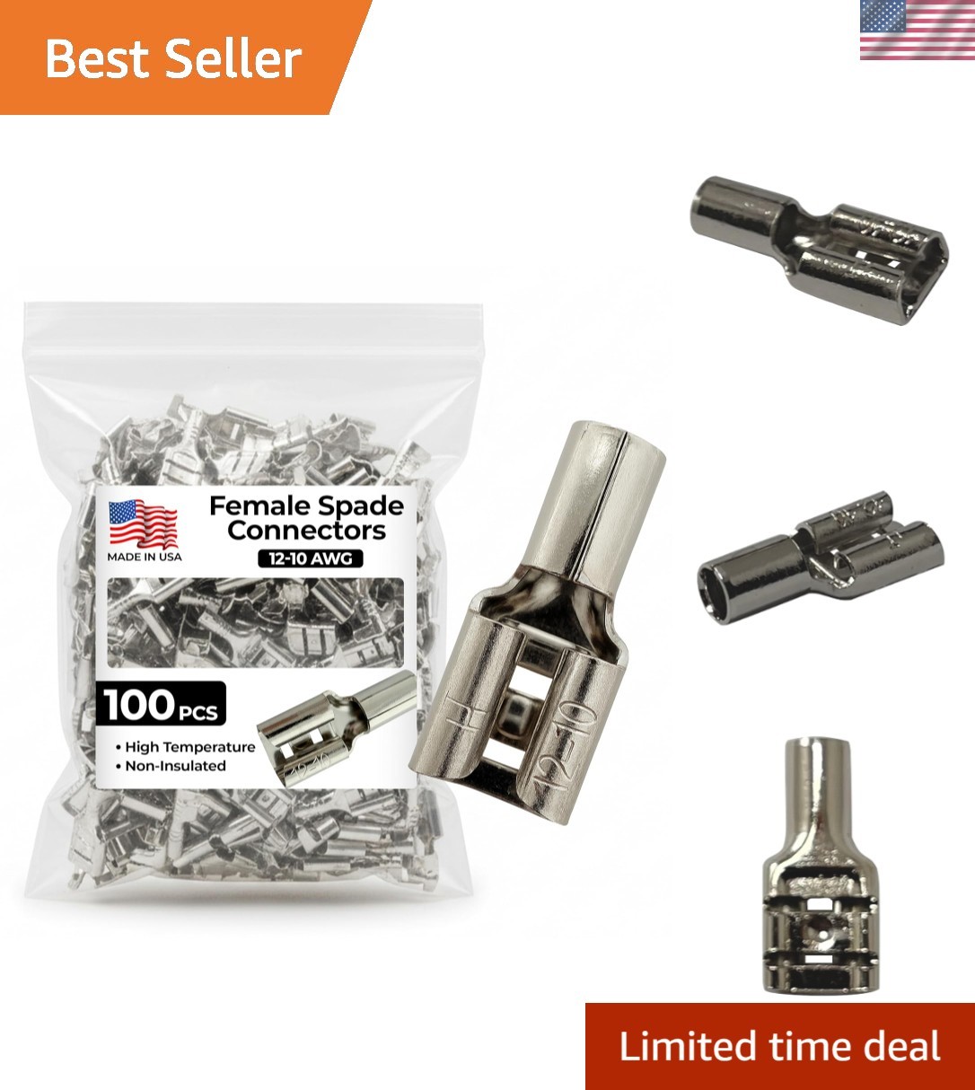 100 Pcs High Temperature Non-Insulated Female Spade Connectors – 12-10 Gauge …