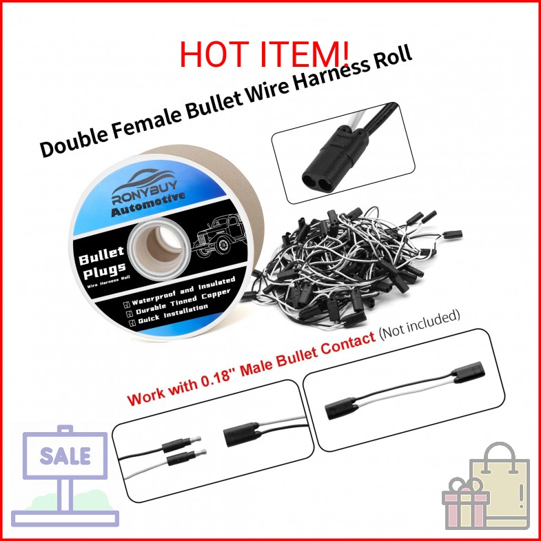 Ronybuy 20 Count 2-Prong Double Female Bullet Plug Wire Harness Roll, 18 Gauge 2