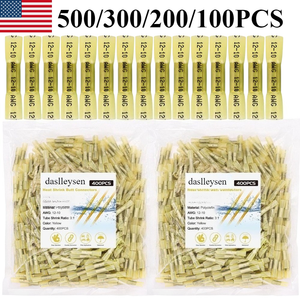 500/100PCS 12-10AWG Heat Shrink Butt Wire Splice Crimp Connectors Terminals Set