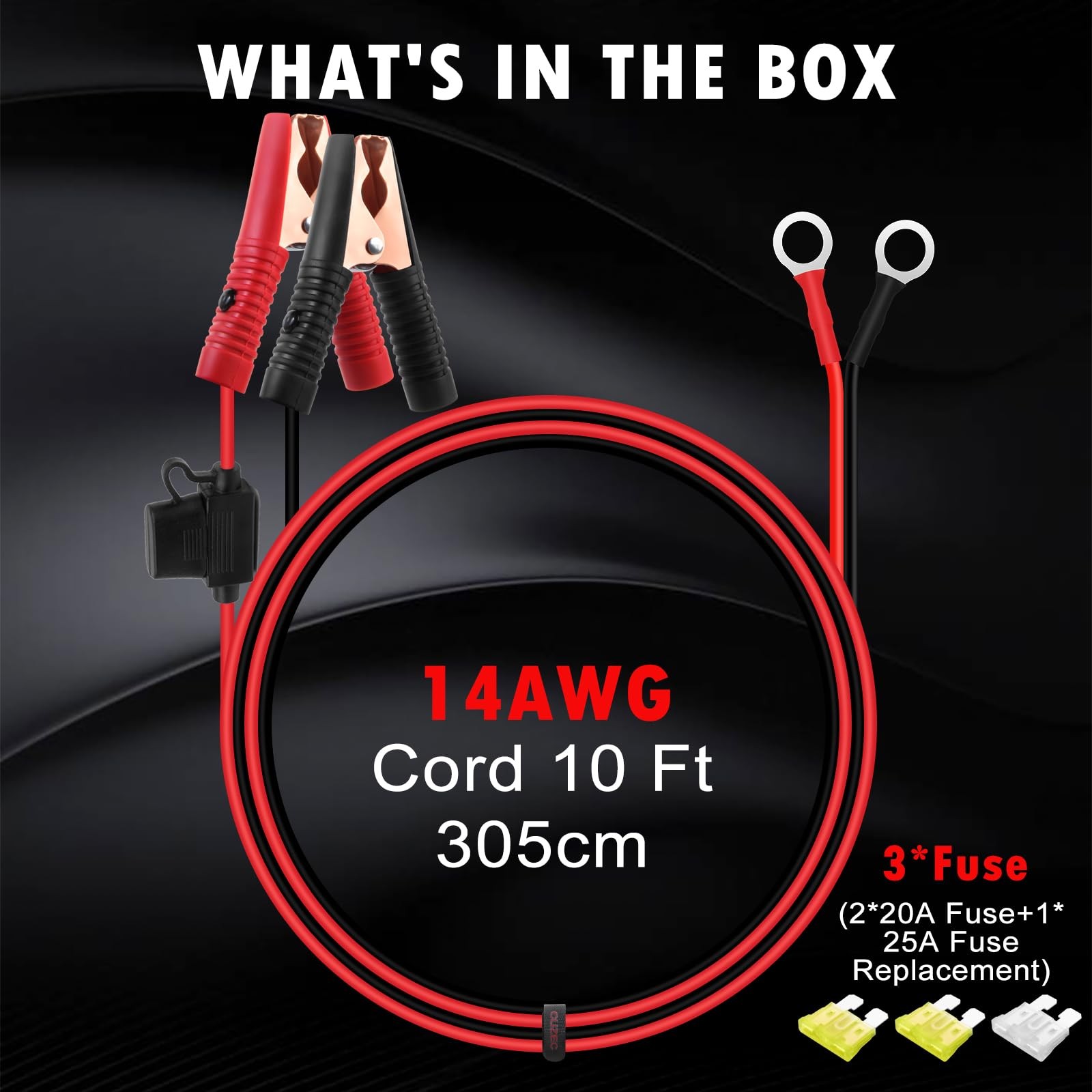 1 PCS 10FT 14AWG Battery Extension Cord Eyelet Terminal with Clamp