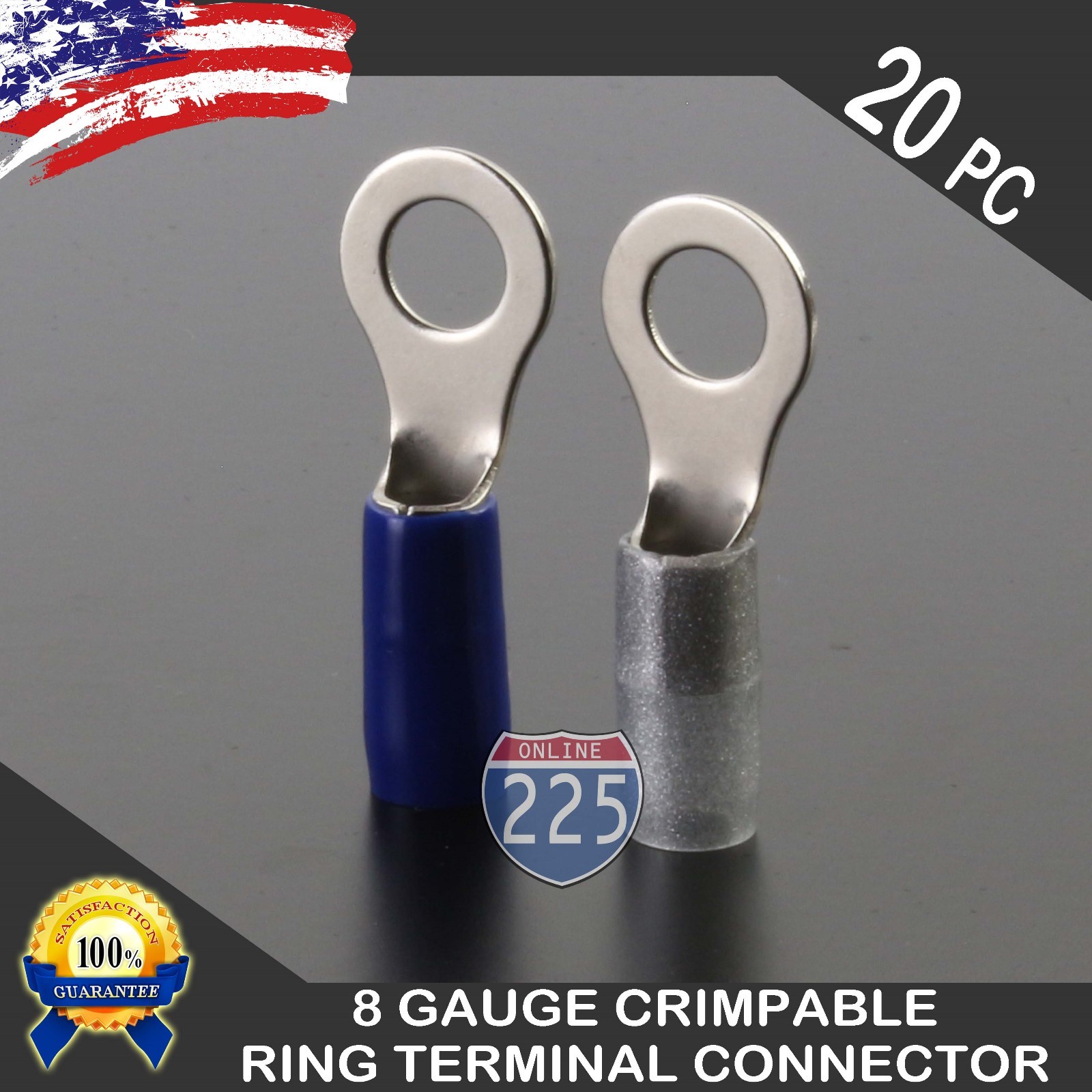 8 Gauge Platinum Ring Terminals 20 Pack 8 AWG Wire Crimp Silver Blue Boots 3/8″