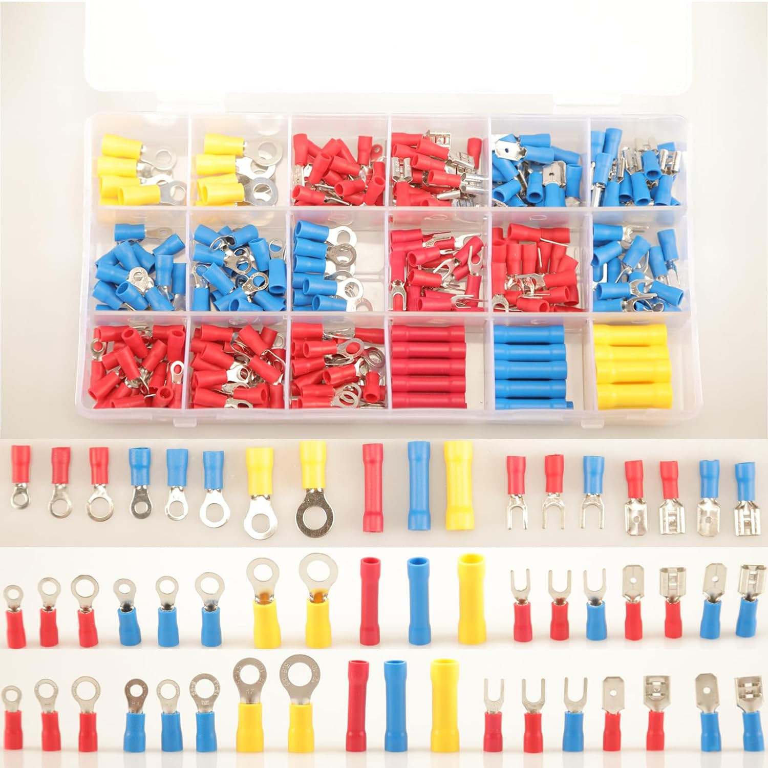 300Pcs 18 Types Crimp Connectors, Ring Spade Fork Butt Wire Connectors Kit, 6.3M