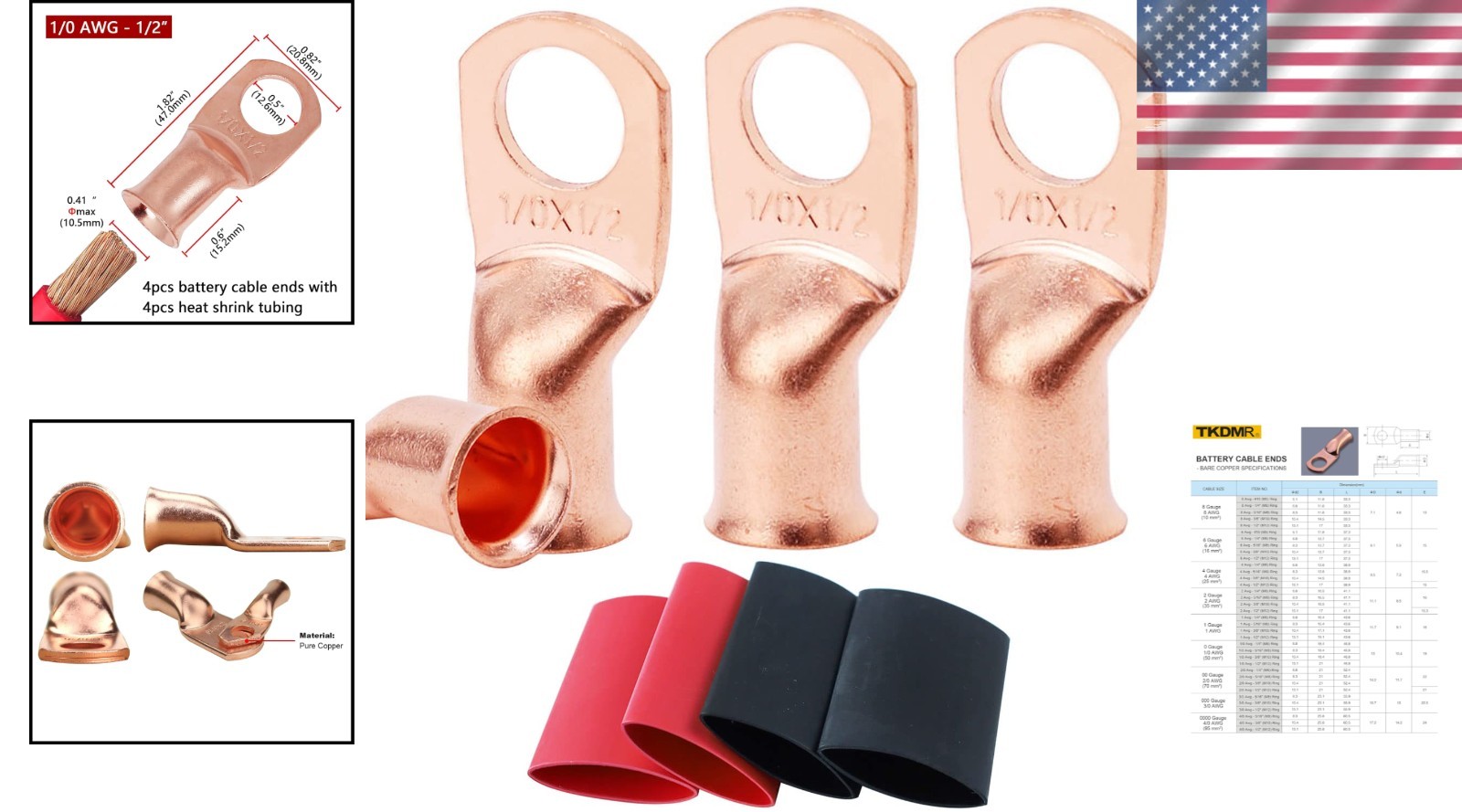 4 Heavy Duty Battery Lugs with 3:1 Heat Shrink Tubing for Reliable Connections