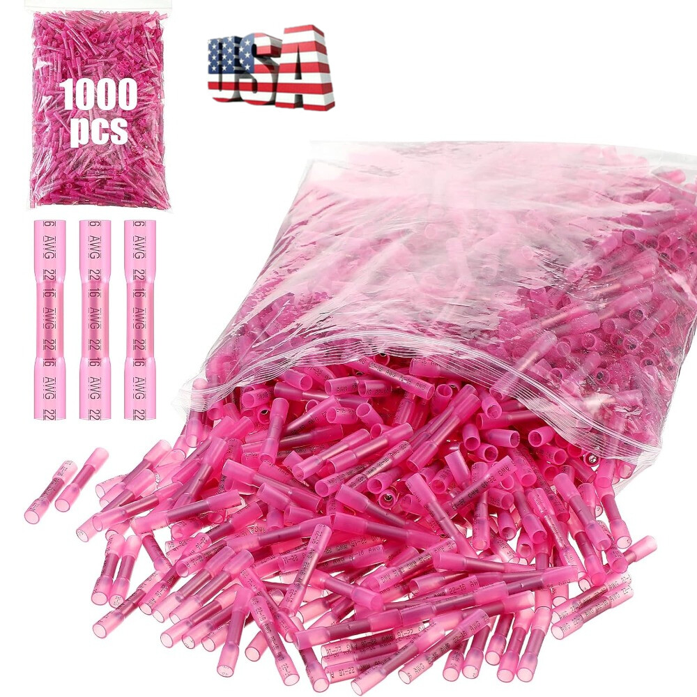 1000PCS Heat Shrink Waterproof Wire Connectors Red 22-16 AWG Butt Seal Terminals