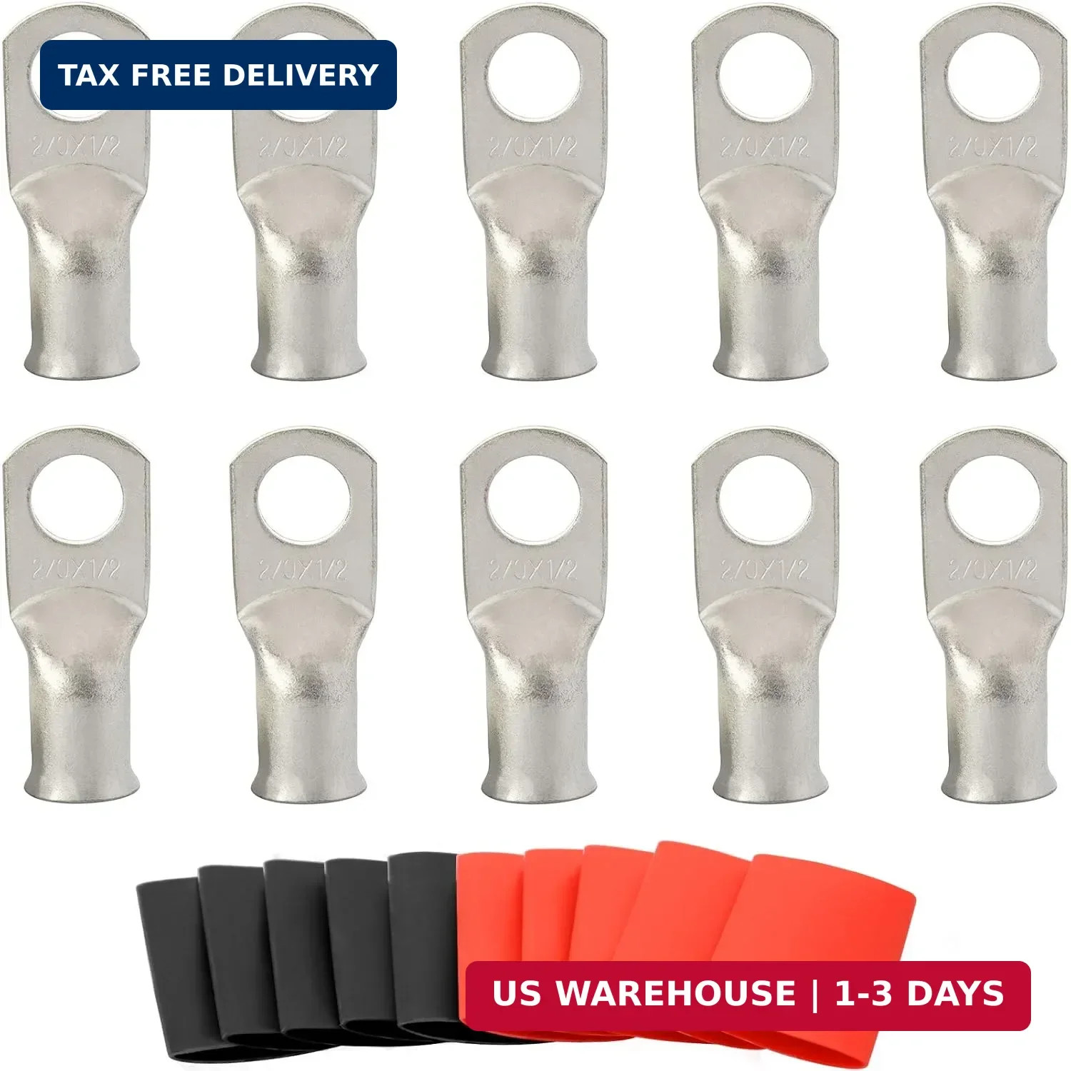 00 Gauge Tinned Copper Lugs 10 PCS 2/0 AWG – 1/2”(M12) Cable Lugs UL Listed Ter