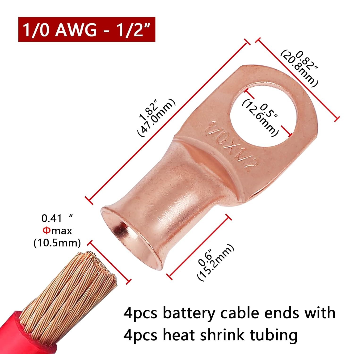 4 Heavy Duty Battery Lugs with 3:1 Heat Shrink Tubing for Reliable Connections