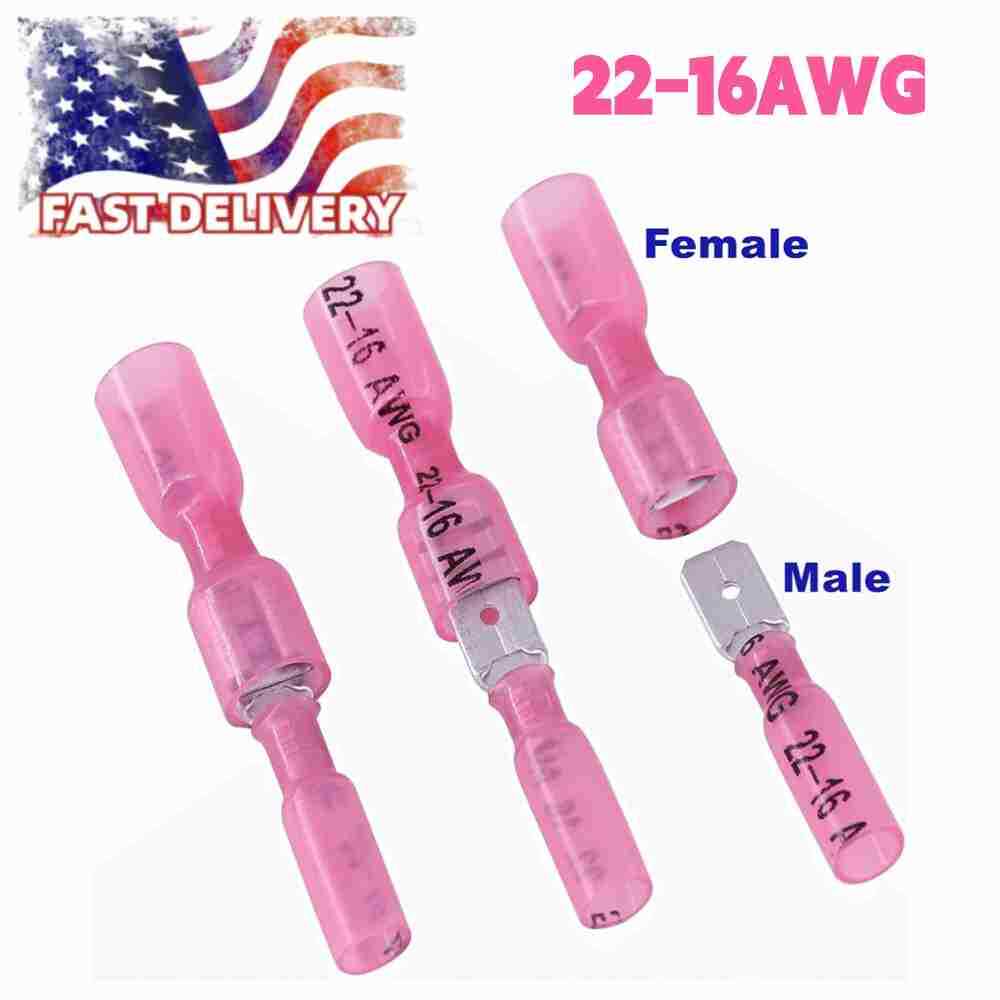 Red 22-16AWG Heat Shrink Male Female Spade Terminals Crimp Wire Connector 1/4″