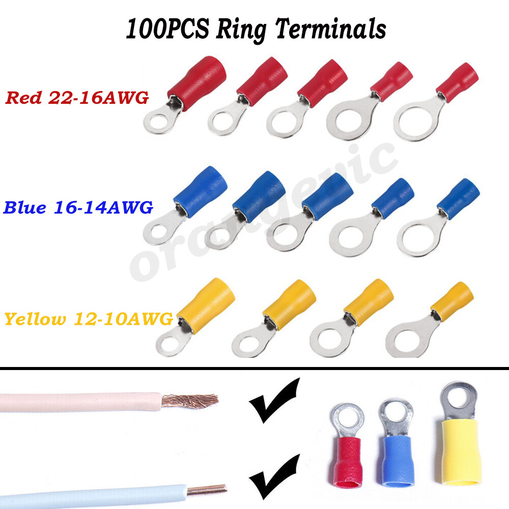 100PCS Insulated Ring Crimp Electrical Wire Connectors Spade Terminals 22-10AWG