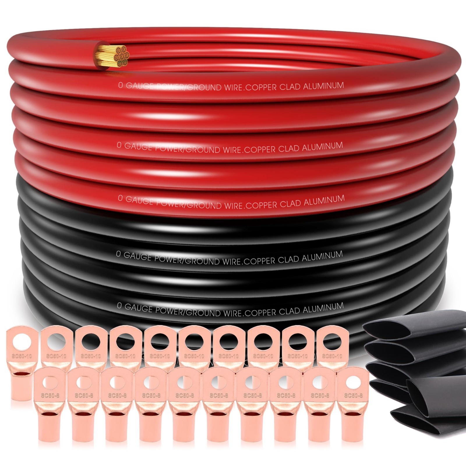 40FT 1/0 Gauge Battery Cable, Copper Clad Aluminum, 20 Terminal Connectors & Hea