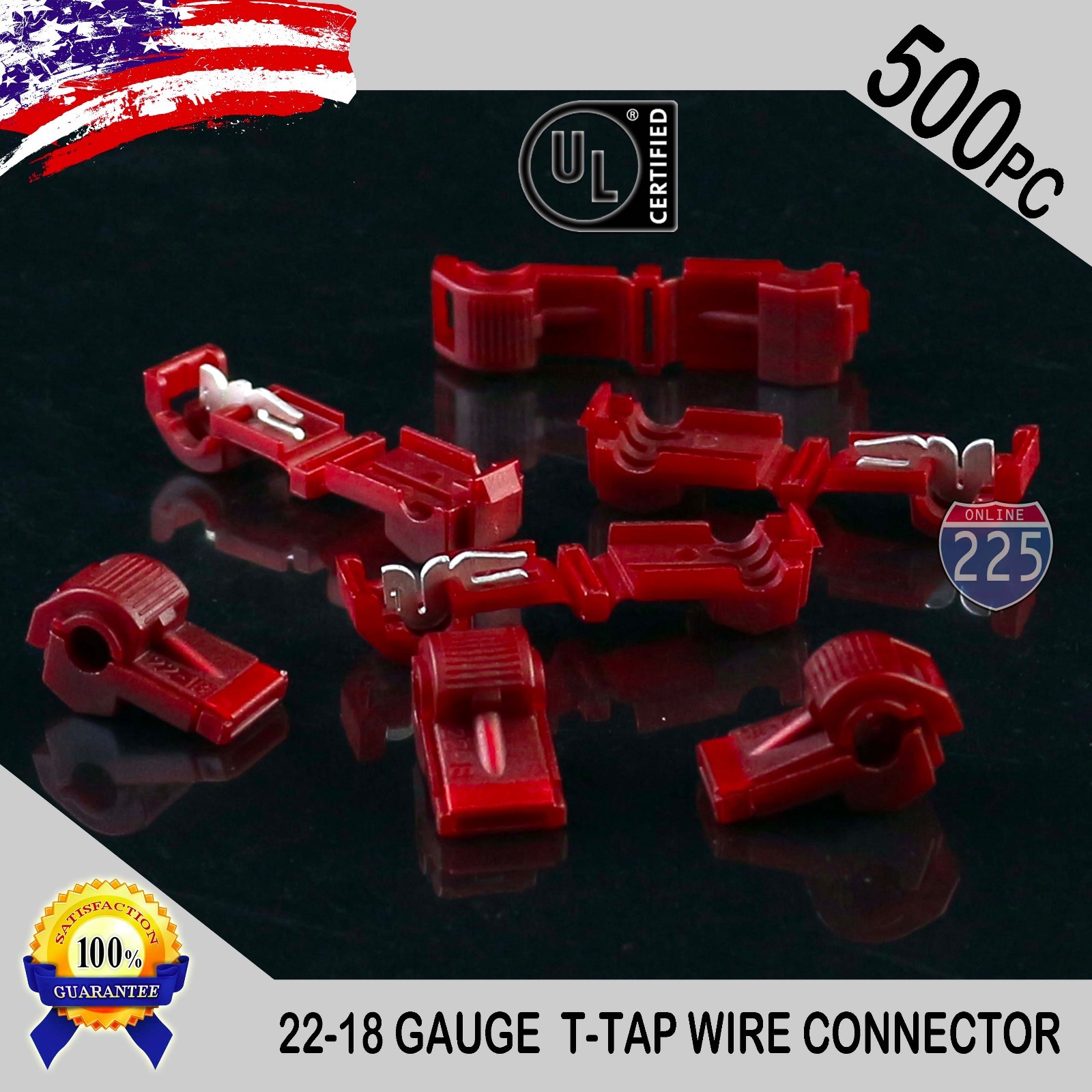 500 Pack T-Taps Red 22-18 AWG Gauge Quick Slide Connectors Car Audio Alarm UL