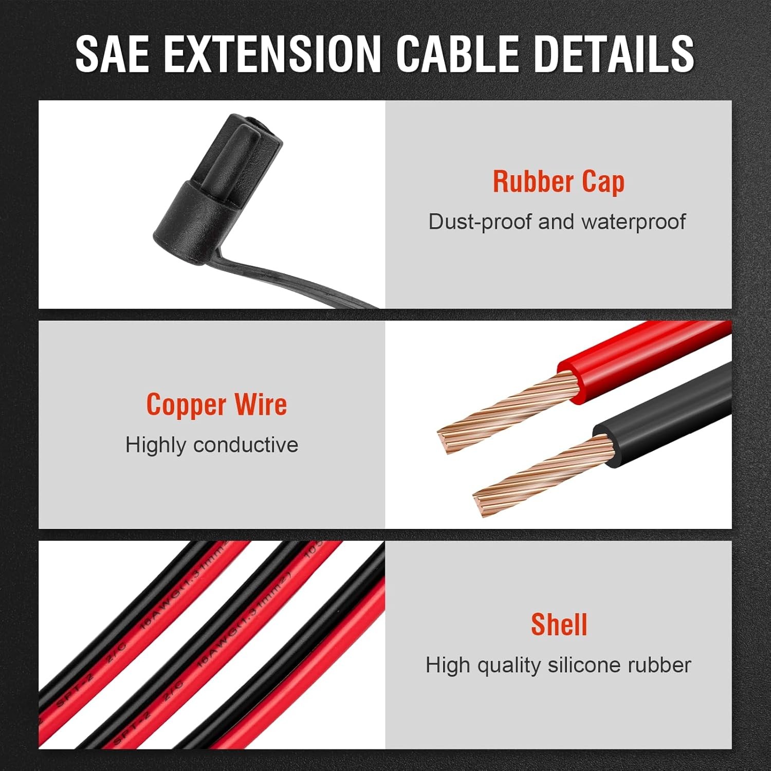 12FT 16AWG SAE Extension Cable, SAE Connector Cable Quick Disconnect Connector 1