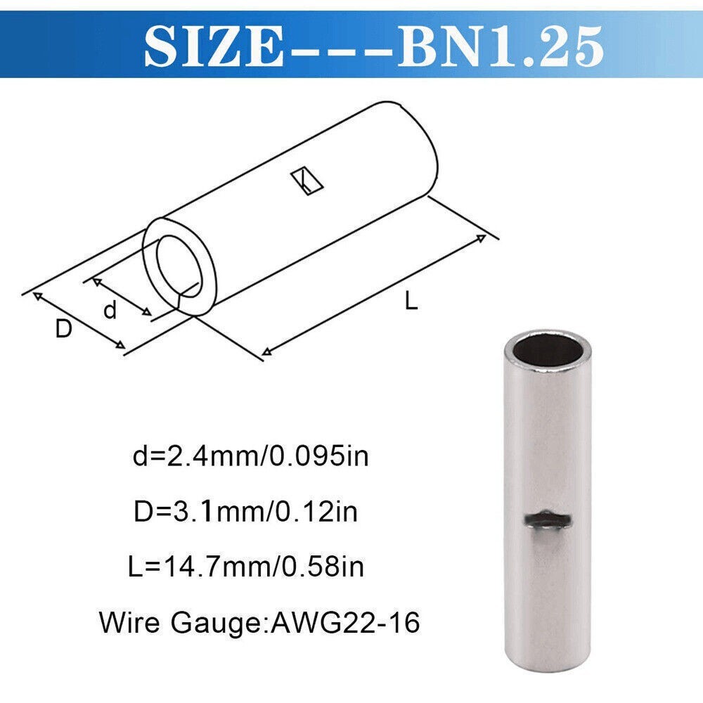 10-100pcs Non-Insulated Splice Terminals Electrical Wire Butt Connectors 2-22AWG