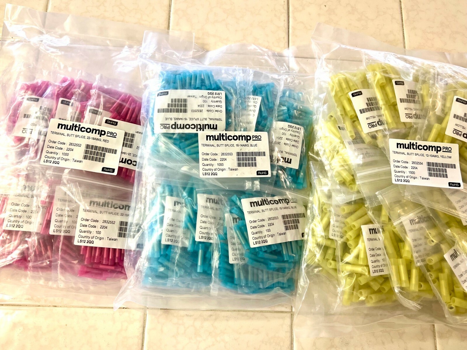 COMBO Pack 3000pcs Red/Blue/Yellow Nylon Butt Splice Assortment, Crimp Terminals