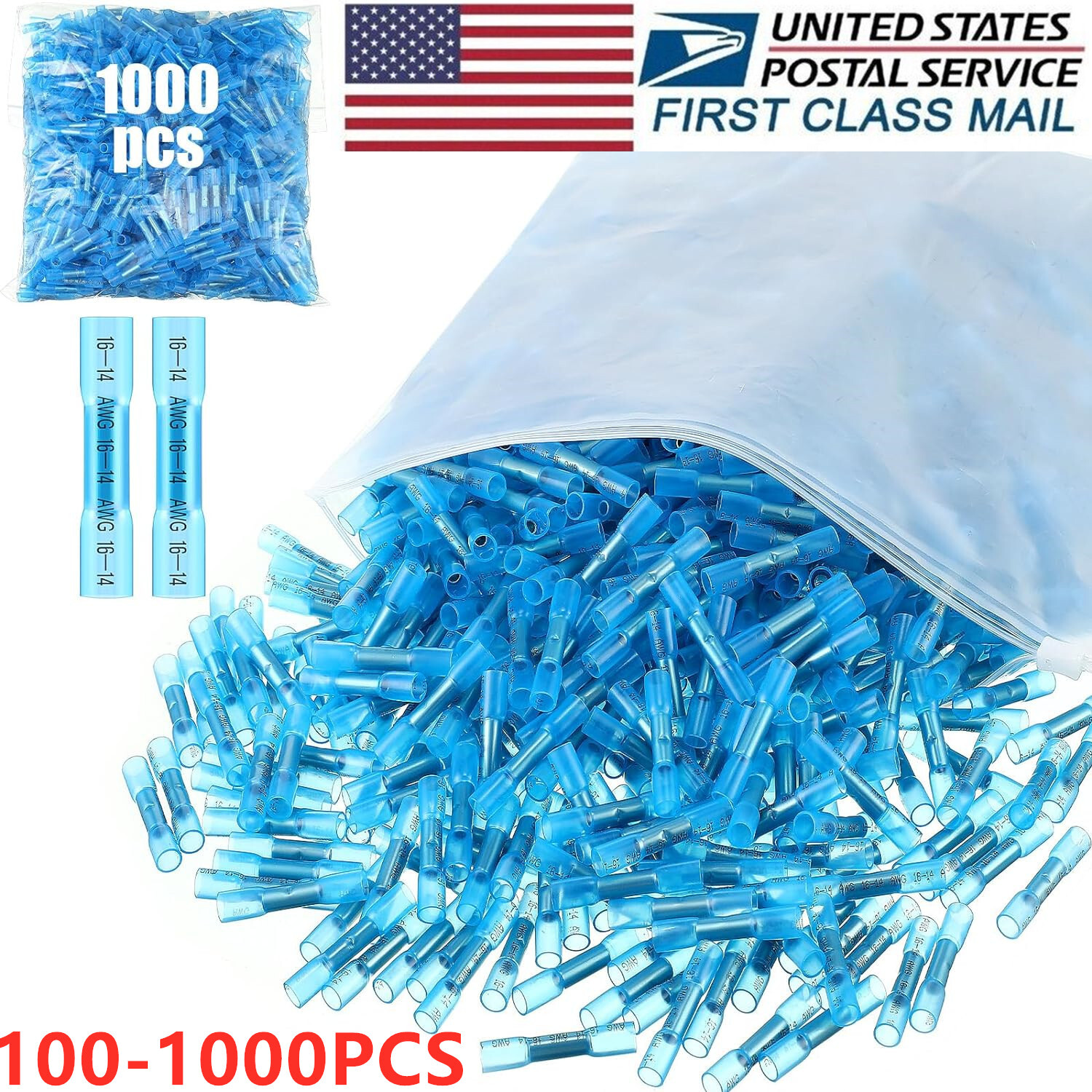 1000Pcs Heat Shrink Waterproof Wire Connectors Blue 14-16AWG Butt Seal Terminals