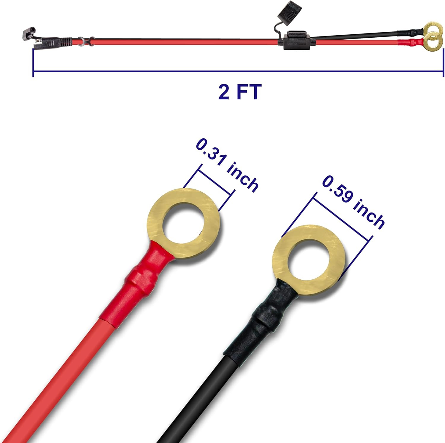 16AWG 2FT Charger Cable, SAE to O Ring Terminal Quick Disconnect Harness, 2 Pin