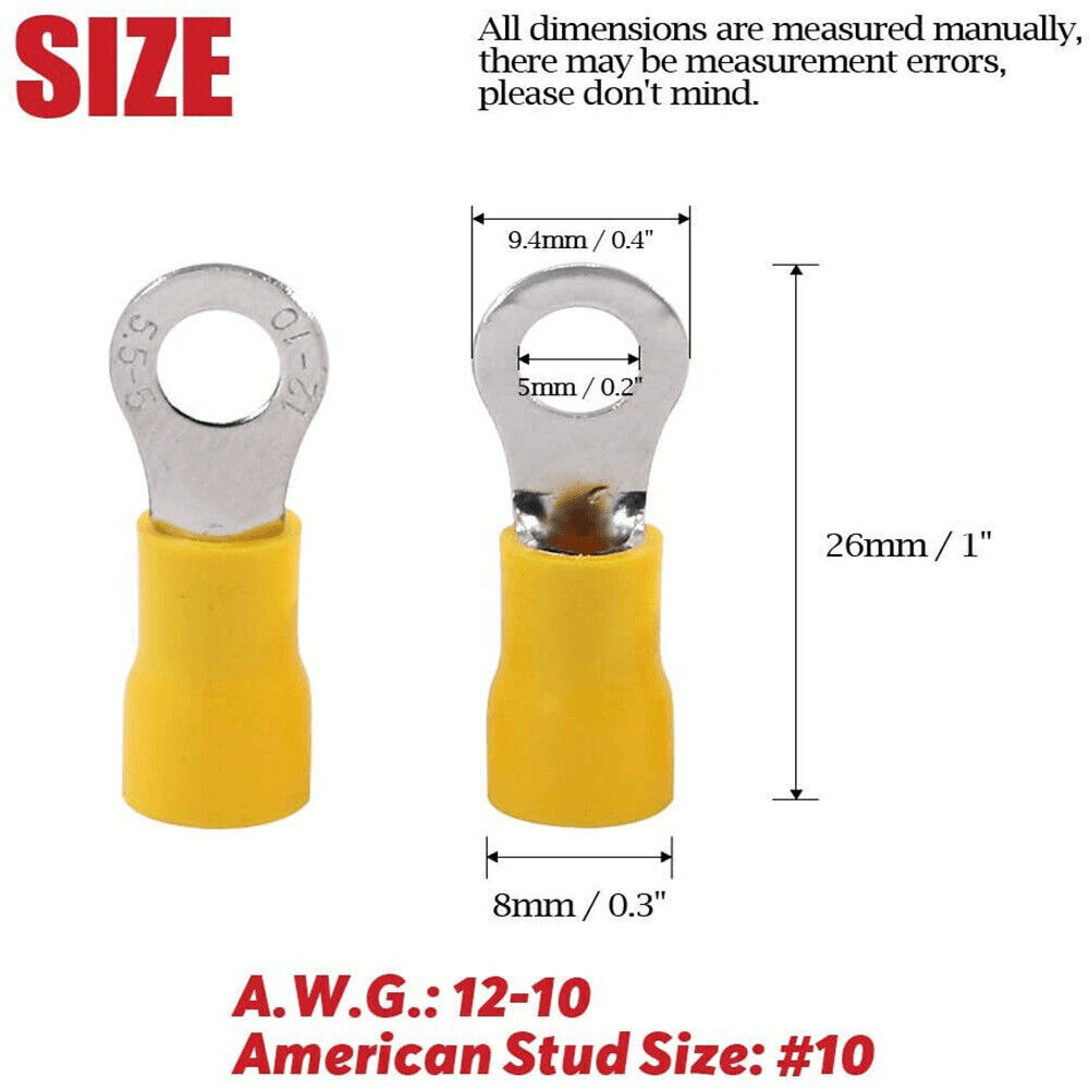 50/100x 12-10AWG Wire Ring Terminals Vinyl Car Audio Crimp Connectors M5-M10