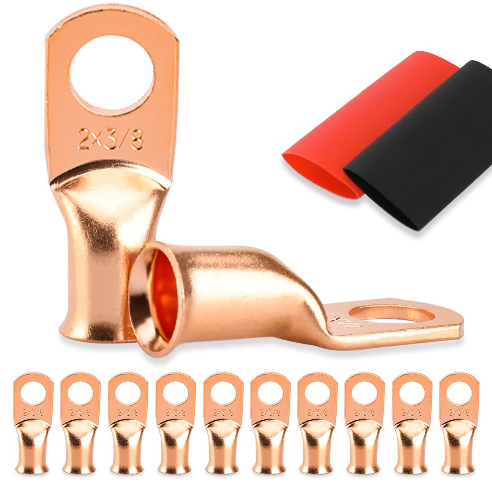 10PCS Battery Cable Ends, 2 Gauge Wire Connectors 3/8 2AWG*3/8″(M10), Copper