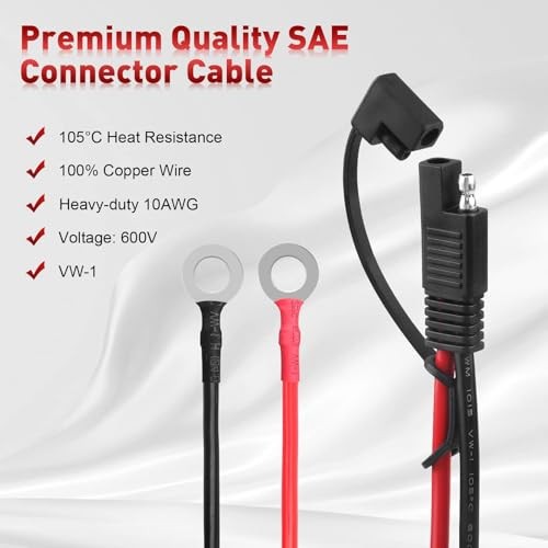 SAE Battery Connector, 10AWG SAE to Ring Terminal Cable with 15A 20A 30A 4FT