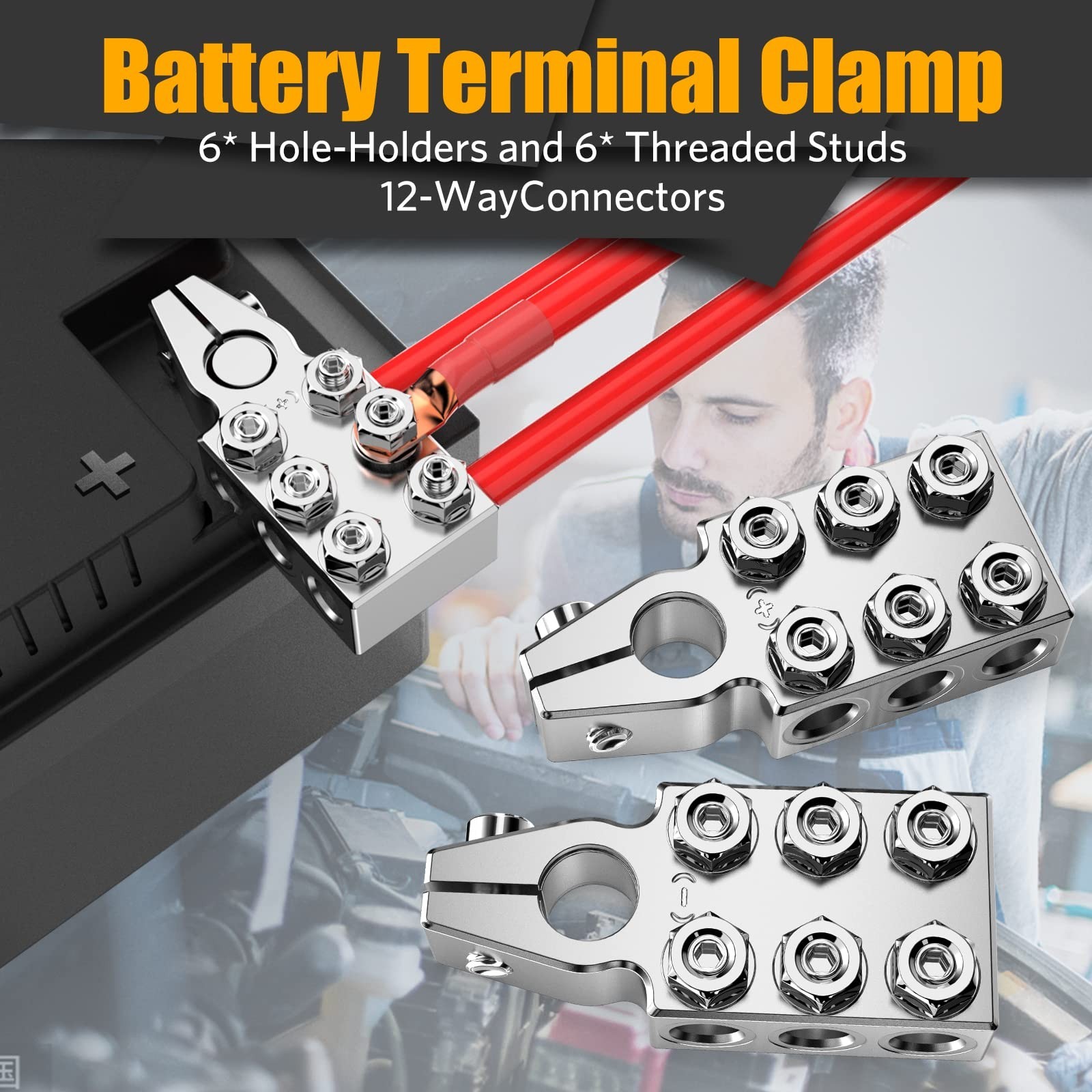 12-Way Battery Terminal Connectors Clamps, Top Post 8AWG to 4/0 AWG, Positive &