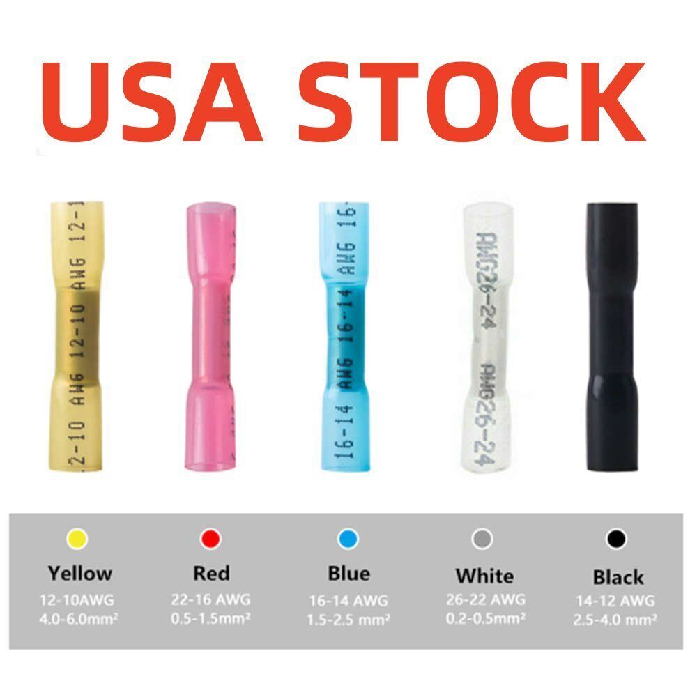 50/200pcs 22-10AWG Heat Shrink Butt Wire Splice Connectors Seal Crimp Terminals